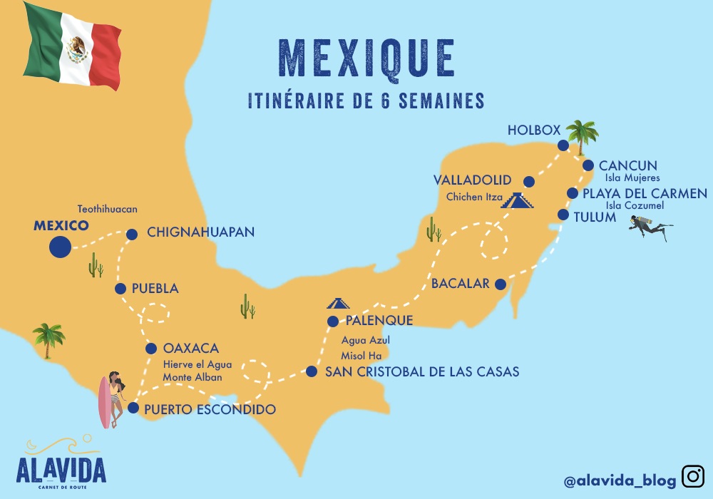 carte itinéraire de 6 semaines au Mexique trajet bus
